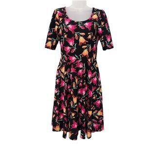 LuLaRoe Nicole Fit & Flare Dress Medium M Floral Pink Yellow Black Short Sleeve
